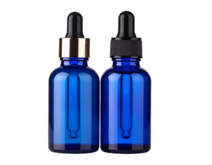 Two blue bottles with black droppers