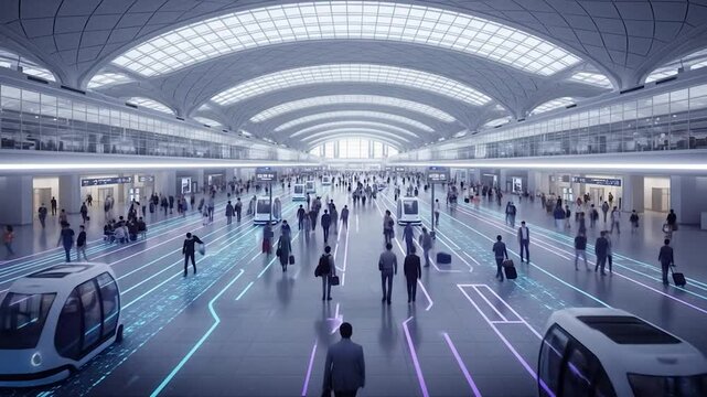 Futuristic Airport Terminal with Autonomous Vehicles and Pedestrians in Motion