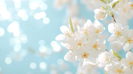 Soft white cherry blossoms against a bright blue spring sky with bokeh effect creating a serene and peaceful atmosphere