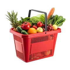 A red shopping basket filled with a variety of fresh fruits and vegetables on a white background