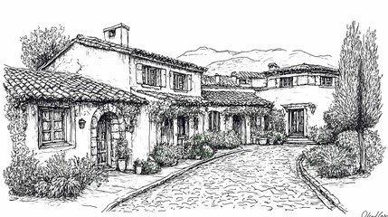 Obraz premium Hand-drawn sketch of a mediterranean-style house.