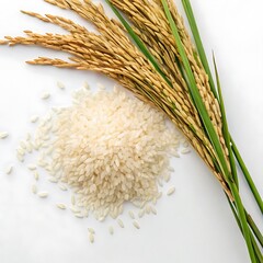 A pile of white rice grains next to a bundle of golden rice stalks and green leaves on white
