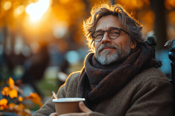 Fototapeta premium Generative AI Image of Smiling Man Enjoying Beautiful Autumn Morning with Warm Coffee Outdoors