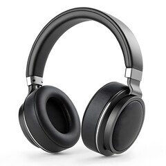 A studio shot of over ear headphones with black cushions and silver accents on a white background