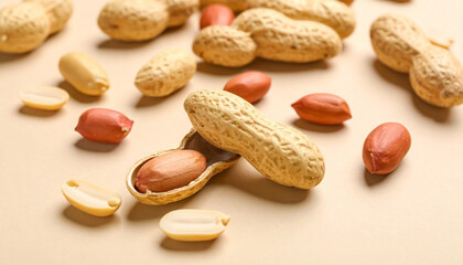 Fototapeta premium Nuts composition: A top-down shot showcases the diverse components of a natural peanut composition, highlighting the rich textures and varied forms