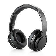 A studio shot of black over ear headphones with silver accents on a white background for listening