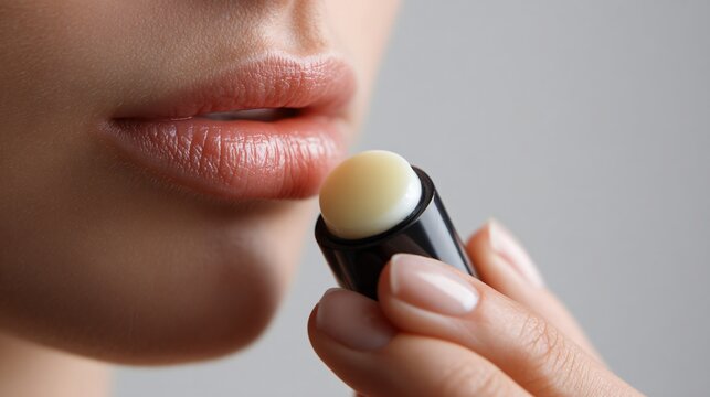 Side view of applying lip balm, minimal backdrop