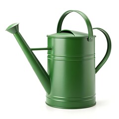 A green watering can with a long spout and a handle on a white background in a studio setting