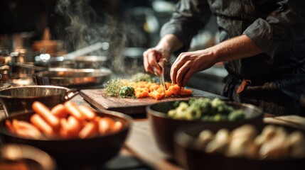Chef Preparing Fresh Vegetables in a Modern Kitchen with Steaming Ingredients for Gourmet Cuisine