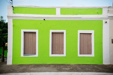 Vibrant green facade with wooden windows.