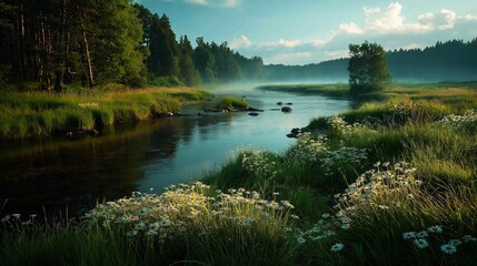 A beautiful digital painting of a calm river flowing through a green meadow with wildflowers at dawn. A concept for nature's beauty, tranquility, and peace