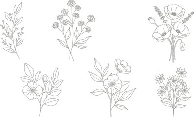 Six floral arrangements featuring various flowers and foliage line drawings