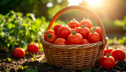Harvested tomatoes in a woven basket: A sun-drenched close-up captures the vibrant allure of ripe tomatoes nestled within a rustic basket, set amidst a verdant garden.