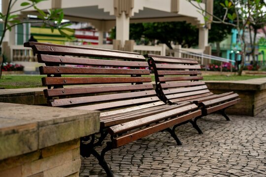 Wooden benches in a park setting.