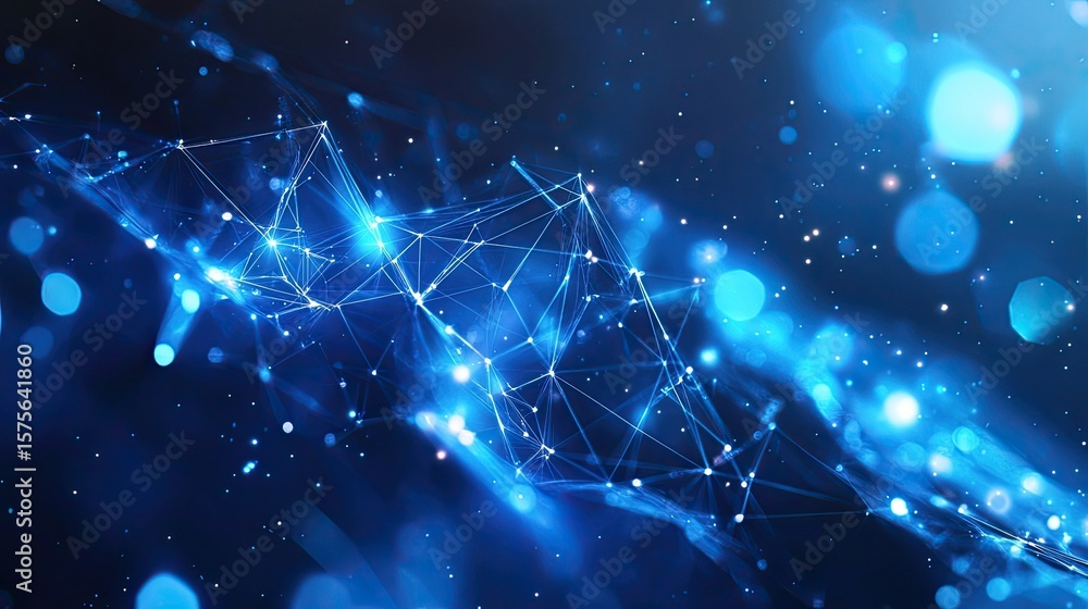Poster abstract blue geometry design featuring glowing polygon shapes and dynamic digital light effects for