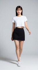a female model wearing a white and blank t-shirt Crop Top, mock-up t-shirt