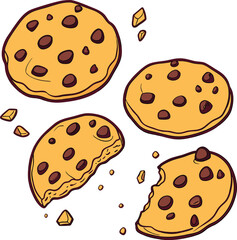 Vector art of delicious chocolate chip cookies are scattered, some broken, isolated on white background