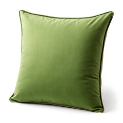 A square green pillow with a dark green border isolated on a white background in studio lighting