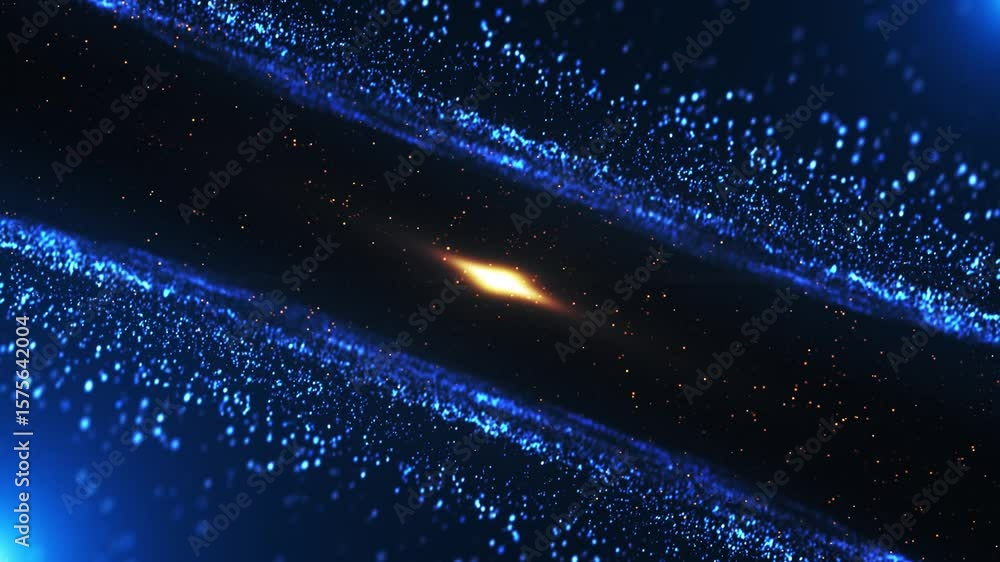 Poster abstract blue particles and glowing lines with a bright golden light in dark space. futuristic cosmi