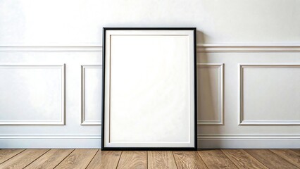 Empty black frame leaning on white wall in classic interior room with wooden floor
