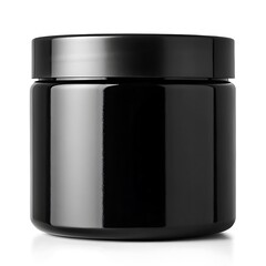 A glossy black plastic jar with a lid sitting on a white surface in a studio shot with soft lighting