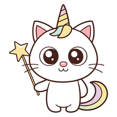 Adorable cartoon cat unicorn holding a magic star wand in playful vector illustration