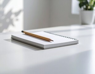 A notebook and pencil rest on a white surface, capturing light and shadow.
