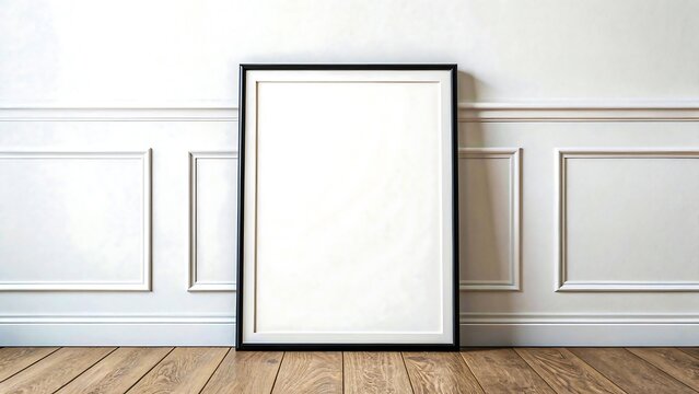 Naklejki Empty black frame leaning on white wall in classic interior room with wooden floor 