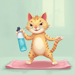 Fototapeta premium A playful ginger cat, ready for fitness, holds a water bottle on a pink yoga mat.