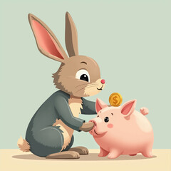 Fototapeta premium A kind bunny gently places a coin into a piggy bank, saving money together.