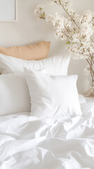 Cozy white bedroom with fluffy pillows and fresh floral decor creating a serene and inviting atmosphere