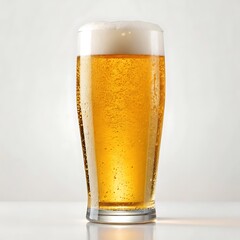 A tall clear glass filled with a golden beer and a thick white foamy head on a plain white background
