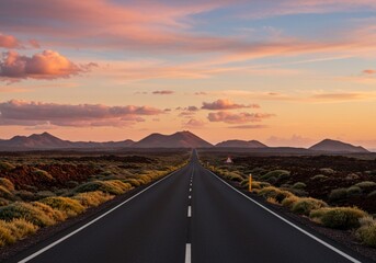 Straight open road stretching towards distant mountains at sunset with colorful sky