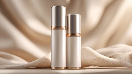 Two skincare bottles placed symmetrically on clean cream backdrop