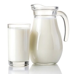 A glass of milk and a pitcher filled with milk sitting next to each other on a white background