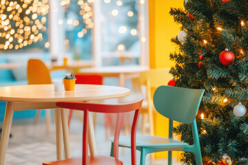 Obraz premium Cozy cafe interior decorated for christmas with vibrant chairs and festive tree under warm twinkling lights