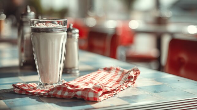 Vintage diner table with milkshake and crumpled napkin, airy top