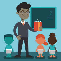 Animated Silhouette of Teacher with Book and Blackboard – Kids in Classroom Pose for Educational Scene

