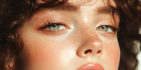 Close up of a young woman with freckles and curly hair, showcasing natural beauty and fresh skin tone in soft lighting