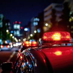 Red emergency lights on a police car at night. City lights blur in background