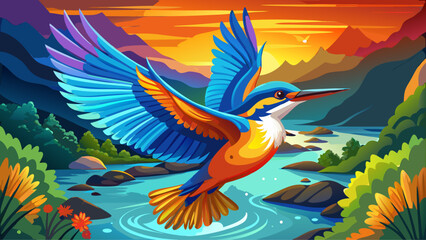 Obraz premium Kingfisher – A vibrant Kingfisher darts above a river, iridescent blue and orange feathers glowing in flight. Its slender body and flapping wings create a perfect vector-ready scene