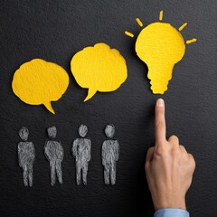 Hand points to a yellow lightbulb, surrounded by yellow speech bubbles and grey figures