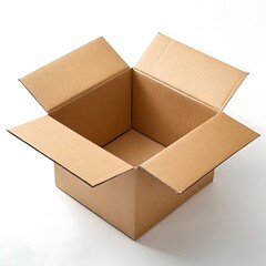 An open cardboard box with flaps extending outward on a white surface in a square format image