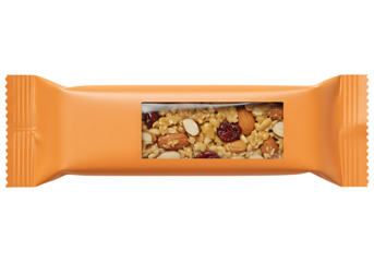 Appetizing granola bar featuring crunchy almonds, walnuts, and sweet cranberries in a bright orange wrapper on a transparent background.