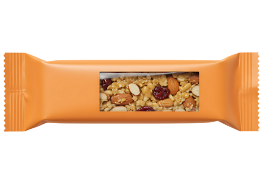 Appetizing granola bar featuring crunchy almonds, walnuts, and sweet cranberries in a bright orange wrapper on a transparent background.