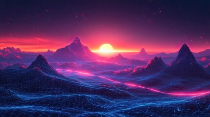Abstract digital landscape with glowing lines, tech mountains, and neon horizon for futuristic concept art