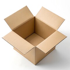 An open cardboard box with flaps extending outward on a white surface in a high angle shot