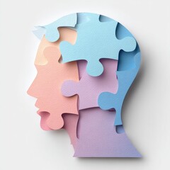 Profile head silhouette composed of colorful puzzle pieces
