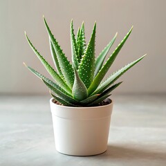 Close up of an aloe vera plant in a white pot against a neutral background in soft diffused lighting