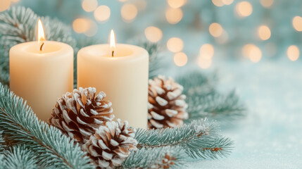 Festive holiday scene with lit candles and snow dusted pine cones on evergreen branches against a soft light bokeh background